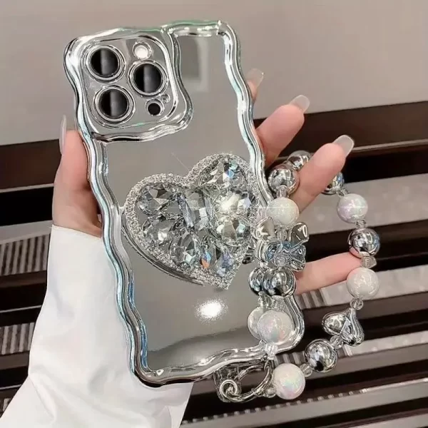 Phonecase Silvery Mirror Love Rhinestone Bracket for iPhone Case Phone Bracelet heart shape phone stand one set