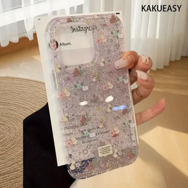 Spring Purple Flower Rabbit, Flash Sequins Anti-Drop Non-Slip Phone Case for 16Pro Max/ 15 Plus/ 14/