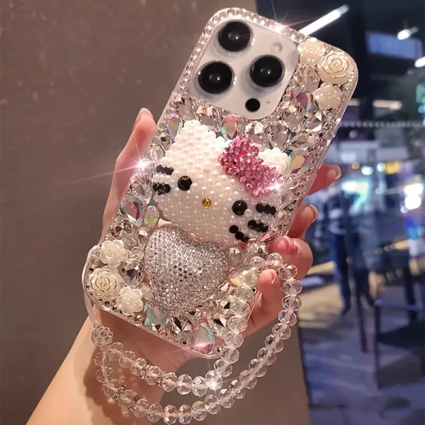 Cute Hello Kitty full-screen handmade imitation crystal heart-shaped phone case with matching bracelet, suitable for iPhone 16, 15, 14, 13 Pro Max