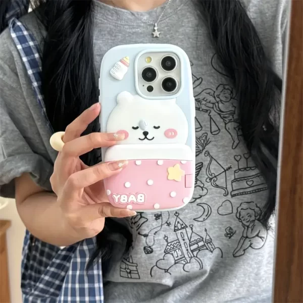 Cartoon cute and adorable flip-style quilt stand with a white bear phone case, suitable for Apple iPhone 15 and 16 Pro Max