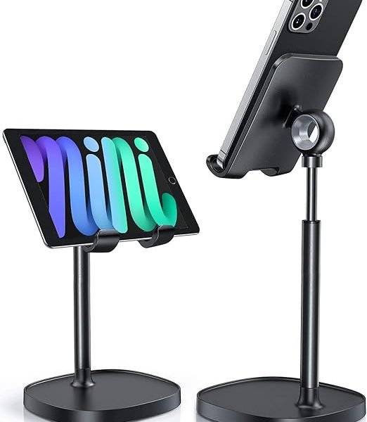 LISEN Cell Phone Stand Adjustable Phone Holer for Desk, Computer Office Desk Accessories for iPhone 16 Holder Women Kitchen Essentials Fits All Mobile Phones Switch Kindle iPads Tablet 4-10in Black