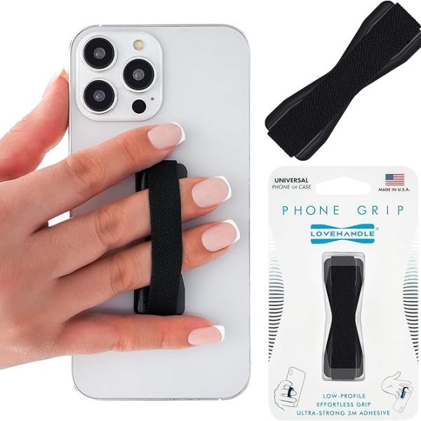 LOVEHANDLE Universal Phone Grip for Smartphones & Mini Tablets - Phone Holder for Hand - Wireless Charging Compatible - Made in The USA - Solid Black