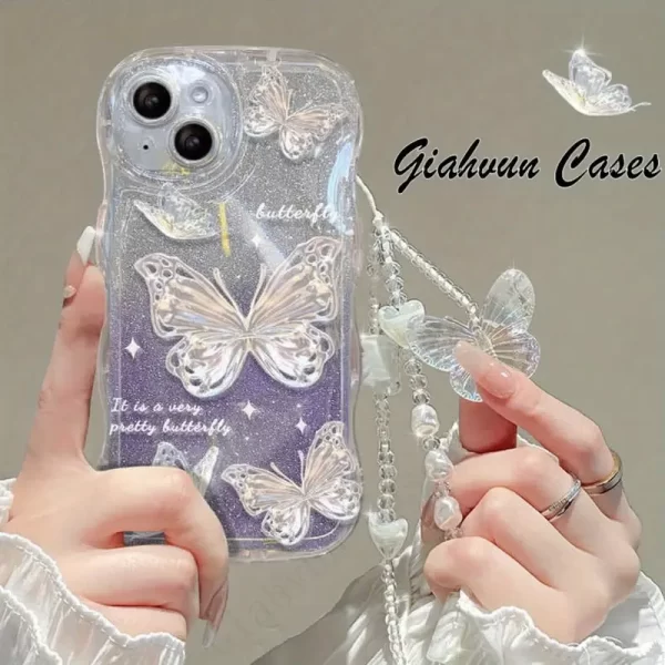 Ins Laser Butterfly Bead Hand Rope Dreamy Butterfly Phone Case Suitable for Apple Phone for iPhone 16 15 Pro MAX