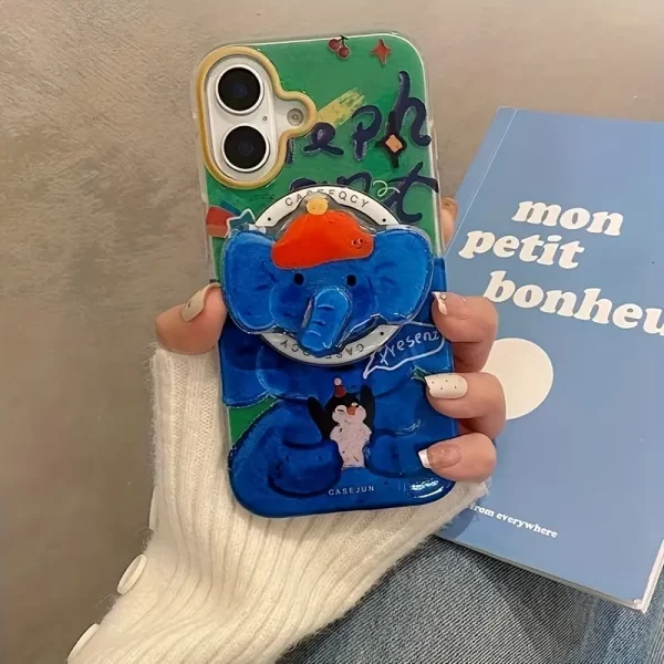 Magical Elephant Blue Penguin Magnetic Rotating Stand Phone Case, compatible with Apple iPhone 15 and 16 Pro Max