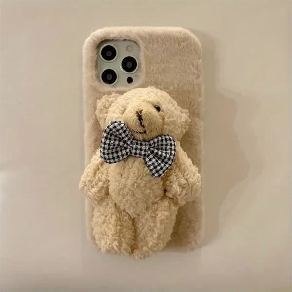 Cute tie bear plush phone case, suitable for iPhone 16 15 Pro Max phone case, teddy bear couple phone case