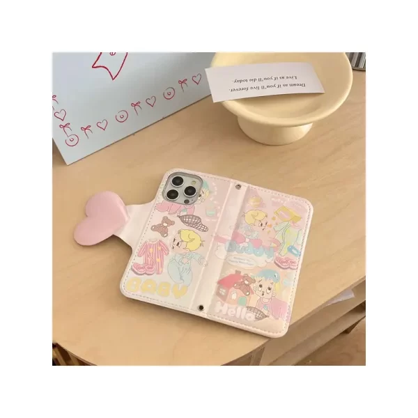 Fully-covered flip leather magnetic card holder children's illustration phone case for iPhone 16 Pro Max/iPhone 15 Pro Max